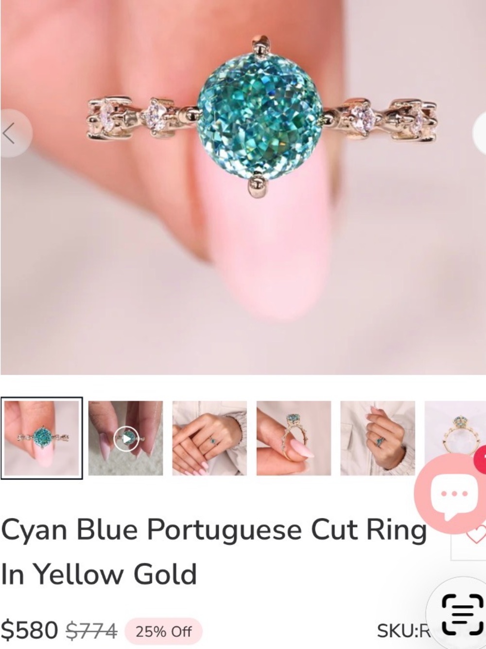 Cyan Blue Portuguese Cut Ring in Yellow Gold